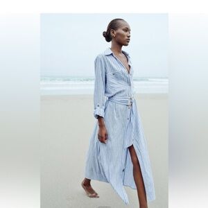 Blue Striped Midi Shirt Dress linen blend